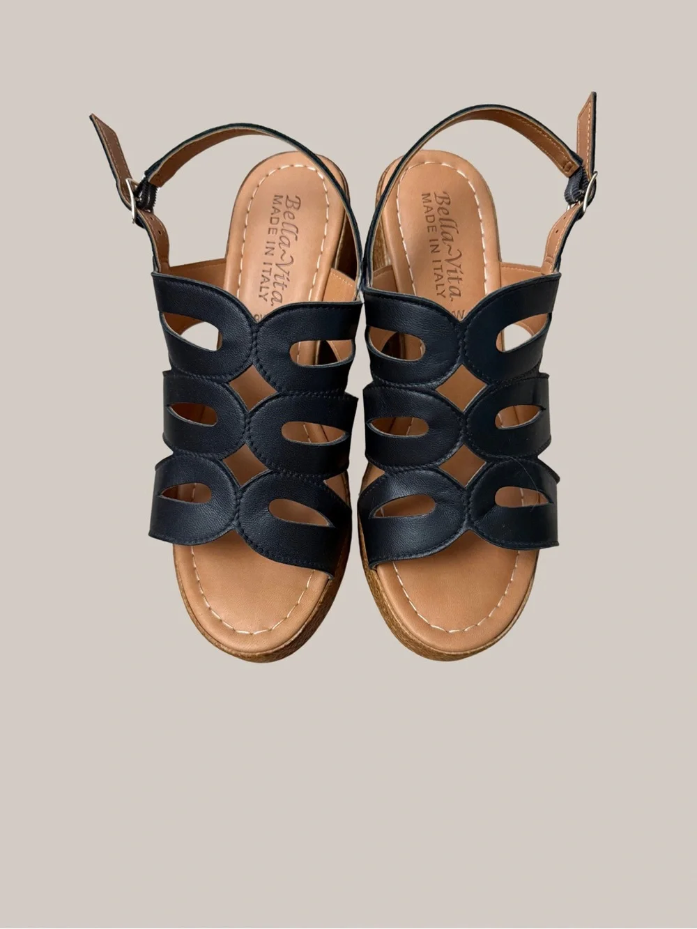 Bella Vita Black Cutout Slingback Wedge Sandals with Brown Wood-Look Heel